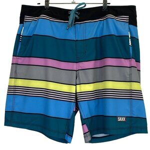 Saxx  Swim Trunks Boardshorts Mens 36 Striped Hybrid Betawave 2N1 Ballpark Pouch